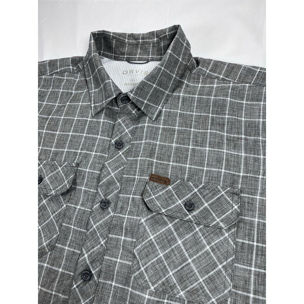 Orvis Men's XL Shirt Short Sleeve Gray Plaid Tech Performance Button Up Pockets